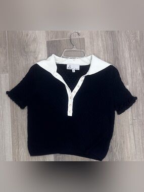 dh NEW YORK Dark Navy Knit Polo Top with White Collar